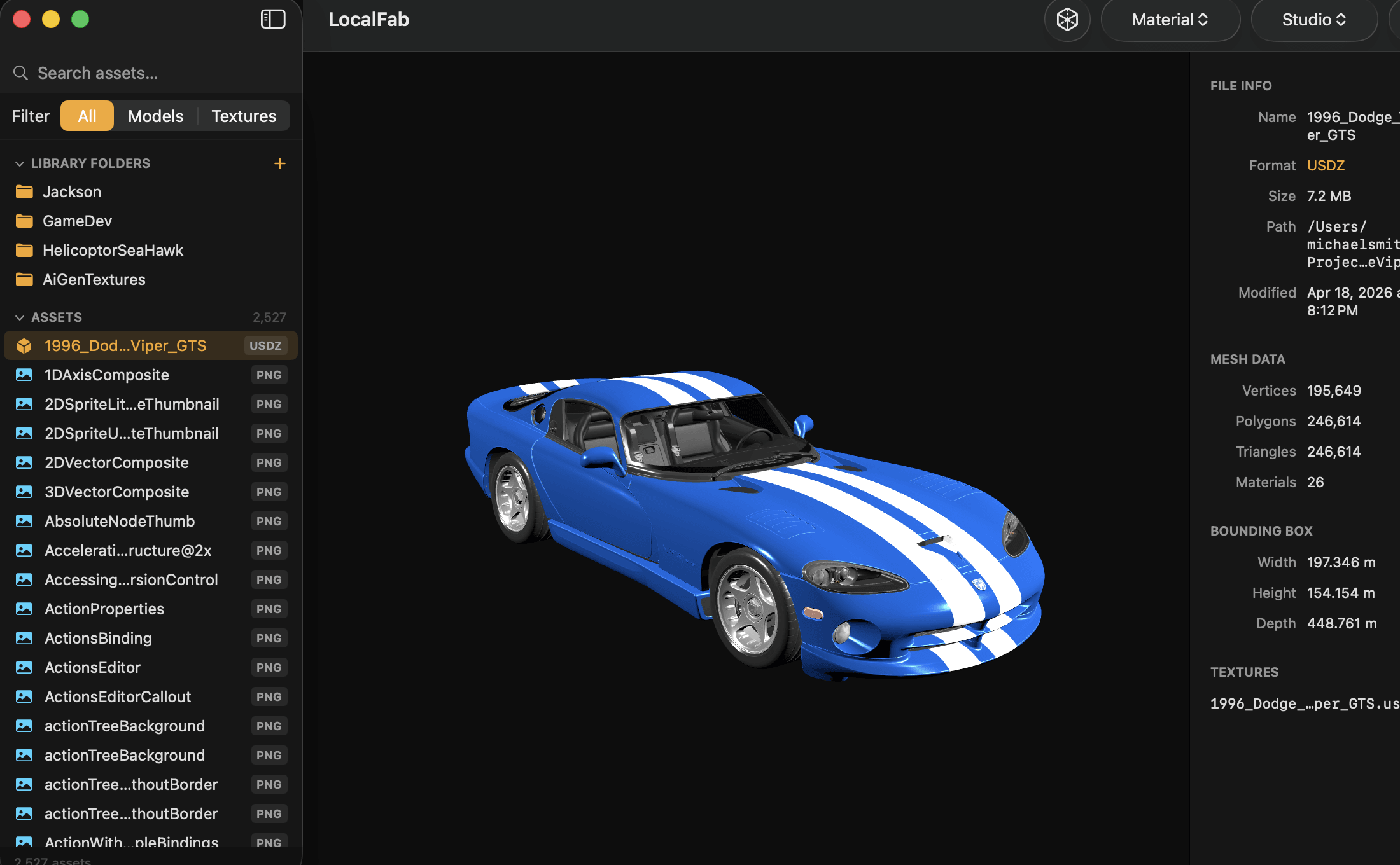 LocalFab 3D model viewer showing a blue sports car with mesh, material, and file metadata on macOS